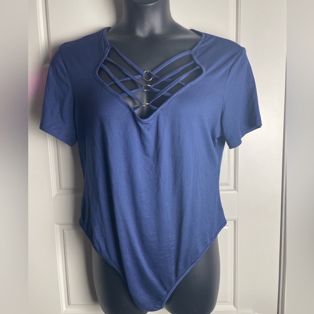 Navy Blue Short Sleeve Bodysuit Stretch Fitted Tee Style One Piece Top
